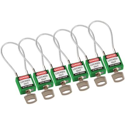 Brady Kompakte Kabel-Vorhängeschlöss 6er-Pack Lockout Sicherheitsschloss mit Schlüssel Vorhängeschloss Wetterfest mit langer Bügel Vorhängeschloss Gleichschließend Kabellänge 200 mm, Grün Brady Kompakte Kabel-Vorhängeschlöss 6er-Pack Lockout Sicherheitsschloss mit Schlüssel Vorhängeschloss Wetterfest mit langer Bügel Vorhängeschloss Gleichschließend Kabellänge 200 mm, Grün