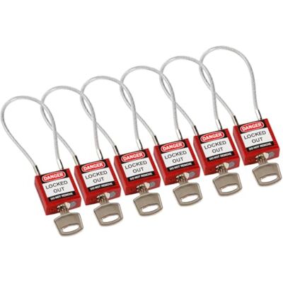 Brady Kompakte Kabel-Vorhängeschlöss 6er-Pack Lockout Sicherheitsschloss mit Schlüssel Vorhängeschloss Wetterfest mit langer Bügel Vorhängeschloss Gleichschließend Kabellänge 200 mm, Rot Brady Kompakte Kabel-Vorhängeschlöss 6er-Pack Lockout Sicherheitsschloss mit Schlüssel Vorhängeschloss Wetterfest mit langer Bügel Vorhängeschloss Gleichschließend Kabellänge 200 mm, Rot