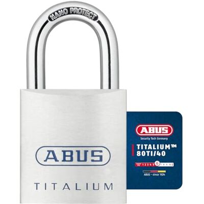 Abus Titalium Vorhängeschloss 80TI/40 gl.-8011 gleichschließend Kellerschloss mit leichtem, massiven Schlosskörper aus Spezial-Aluminium -Sicherheitslevel 6 Silber Abus Titalium Vorhängeschloss 80TI/40 gl.-8011 gleichschließend Kellerschloss mit leichtem, massiven Schlosskörper aus Spezial-Aluminium -Sicherheitslevel 6 Silber
