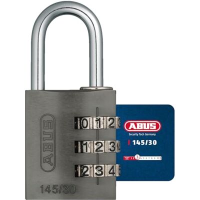 Abus Zahlenschloss 145/30 Titanium Kofferschloss, Spindschloss u. v. m. Aluminium-Vorhängeschloss individuell einstellbarer Zahlencode -Sicherheitslevel 3 Abus Zahlenschloss 145/30 Titanium Kofferschloss, Spindschloss u. v. m. Aluminium-Vorhängeschloss individuell einstellbarer Zahlencode -Sicherheitslevel 3