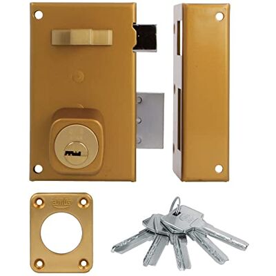 Amig Aufschraubschloss DIN rechts mit Schließhebel, Falle und Ziehgriff für Holztüren Mod. 75-67 x 112 mm Riegel mit rundem Sicherheitszylinder Stahl goldfarben Amig Aufschraubschloss DIN rechts mit Schließhebel, Falle und Ziehgriff für Holztüren Mod. 75-67 x 112 mm Riegel mit rundem Sicherheitszylinder Stahl goldfarben