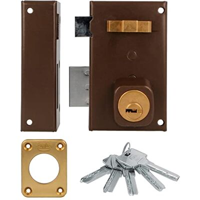 Amig Aufschraubschloss DIN links mit Schließhebel, Falle und Ziehgriff für Holztüren Mod. 75-67 x 112 mm Riegel mit rundem Sicherheitszylinder Stahl braun Amig Aufschraubschloss DIN links mit Schließhebel, Falle und Ziehgriff für Holztüren Mod. 75-67 x 112 mm Riegel mit rundem Sicherheitszylinder Stahl braun