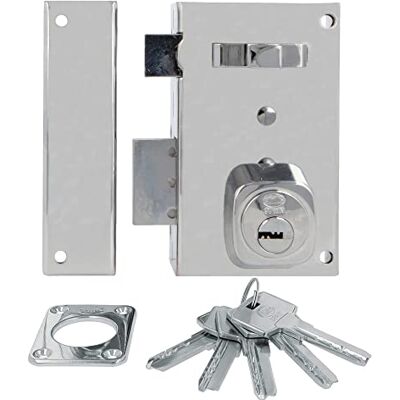 Amig Aufschraubschloss DIN links mit Schließhebel, Falle und Ziehgriff für Holztüren Mod. 75-67 x 112 mm Riegel mit rundem Sicherheitszylinder Stahl silberfarben Amig Aufschraubschloss DIN links mit Schließhebel, Falle und Ziehgriff für Holztüren Mod. 75-67 x 112 mm Riegel mit rundem Sicherheitszylinder Stahl silberfarben