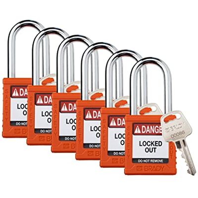 Brady Sicherheitsverriegelungs-Vorhängeschloss – 6 Stück – orange – verschiedene Sicherheitsverriegelungs-Vorhängeschlösser – 1 Schlüssel pro Schloss – SDPL-ORG-38ST-KD6 Brady Sicherheitsverriegelungs-Vorhängeschloss – 6 Stück – orange – verschiedene Sicherheitsverriegelungs-Vorhängeschlösser – 1 Schlüssel pro Schloss – SDPL-ORG-38ST-KD6