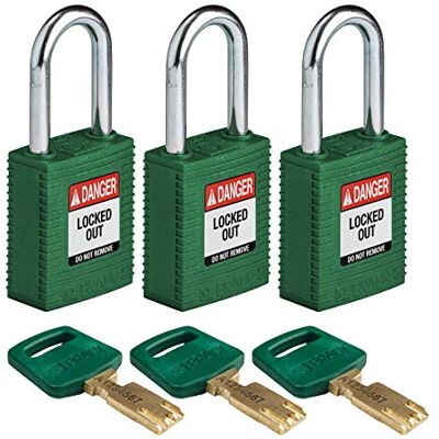 Brady (NYL-GRN-38ST-KA3PK) SafeKey Nylon Lockout-Vorhängeschloss Mit Stahl Bügel 38.00 mm Grün KA Gleichschließende Schlösser 3 Stück Brady (NYL-GRN-38ST-KA3PK) SafeKey Nylon Lockout-Vorhängeschloss Mit Stahl Bügel 38.00 mm Grün KA Gleichschließende Schlösser 3 Stück