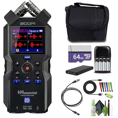 Zoom H4essential Tragbarer Audiorecorder mit 4 Spuren, 32-Bit Float, mit Zugänglichkeitsoption, Stereo-Mikrofone, 2 XLR/TRS-Kombi-Eingänge, USB-Schnittstelle, für Musiker, Podcaster, Bundle mit Zoom H4essential Tragbarer Audiorecorder mit 4 Spuren, 32-Bit Float, mit Zugänglichkeitsoption, Stereo-Mikrofone, 2 XLR/TRS-Kombi-Eingänge, USB-Schnittstelle, für Musiker, Podcaster, Bundle mit