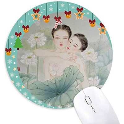 Beauty mit Lotus Chinese Style Aquarell Mouse Pad Jingling Bell Round Rubber Mat Beauty mit Lotus Chinese Style Aquarell Mouse Pad Jingling Bell Round Rubber Mat