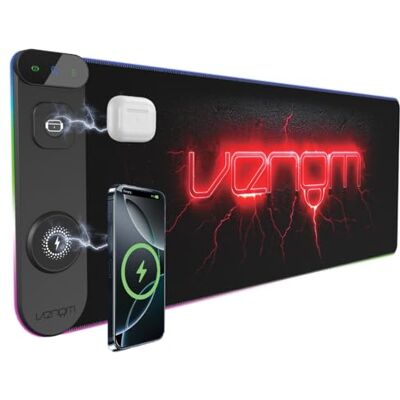 Venom LED-Gaming-Desk-Matte mit kabellosem Laden USB-C- & USB-A-Anschlüsse 800 x 300 mm XXL-Mauspad Venom LED-Gaming-Desk-Matte mit kabellosem Laden USB-C- & USB-A-Anschlüsse 800 x 300 mm XXL-Mauspad
