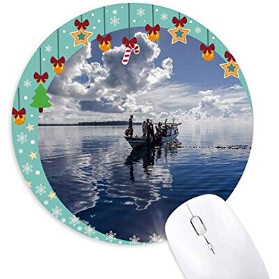 Ocean Water Blue Boat People Picture Mouse Pad Jingling Bell Round Rubber Mat Ocean Water Blue Boat People Picture Mouse Pad Jingling Bell Round Rubber Mat