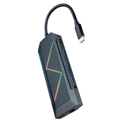 Brightium USB-C-Hub mit 3 USB-A-Anschlüssen, USB-C zum Laden, HDMI, RJ45, TF/SD-Kartenleser und Audio zur Erweiterung von Verbindungen und Datenübertragung. Brightium USB-C-Hub mit 3 USB-A-Anschlüssen, USB-C zum Laden, HDMI, RJ45, TF/SD-Kartenleser und Audio zur Erweiterung von Verbindungen und Datenübertragung.
