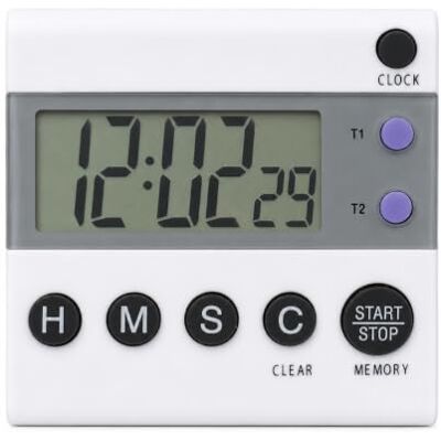 Eurotime TR118 Digitaltimer Weiß, 2 Timer, LCD, Count-up/Countdown bis 99 Std. Digitaler 2-fach Timer mit großer LCD-Anzeige, Countdown, Count-Up, Uhrzeit, Alarm, Magnet, Clip und Standfuß Eurotime TR118 Digitaltimer Weiß, 2 Timer, LCD, Count-up/Countdown bis 99 Std. Digitaler 2-fach Timer mit großer LCD-Anzeige, Countdown, Count-Up, Uhrzeit, Alarm, Magnet, Clip und Standfuß