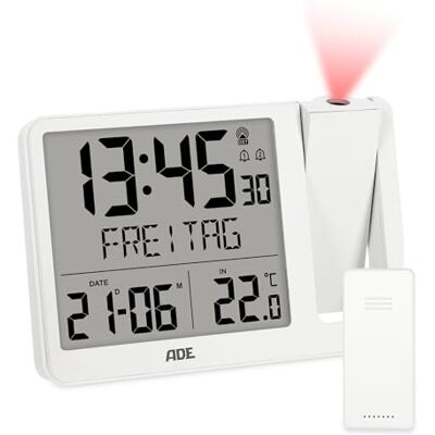 Ade Digitaler Funkwecker mit Projektion und Außensensor Projektionswecker mit 2 Weckzeiten Uhr mit Temperaturanzeige, Datum und Wochentag inkl. Netzkabel weiß Ade Digitaler Funkwecker mit Projektion und Außensensor Projektionswecker mit 2 Weckzeiten Uhr mit Temperaturanzeige, Datum und Wochentag inkl. Netzkabel weiß