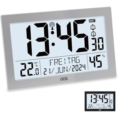 Ade Digitale Funkuhr mit großem XL-Display Kalender mit Temperaturanzeige & Hygrometer Wanduhr Funkwecker mit 2 Weckzeiten und Schlummerfunktion Silber Ade Digitale Funkuhr mit großem XL-Display Kalender mit Temperaturanzeige & Hygrometer Wanduhr Funkwecker mit 2 Weckzeiten und Schlummerfunktion Silber