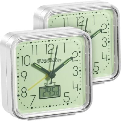 Pearl Analogwecker: 2er-Set Quarz-Wecker, nachleuchtend, mit Digital-Thermometer (Wecker mit Beleuchtung, nachtleuchtend) Pearl Analogwecker: 2er-Set Quarz-Wecker, nachleuchtend, mit Digital-Thermometer (Wecker mit Beleuchtung, nachtleuchtend)