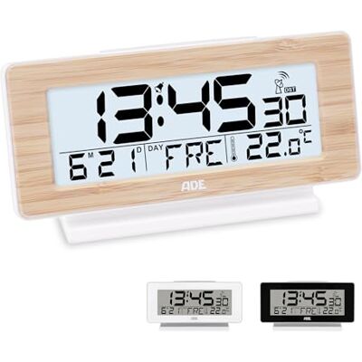 Ade Funkwecker digital mit Batterie Tischuhr mit Temperaturanzeige und Kalender Gehäusefront aus echtem Bambus LCD-Display mit Beleuchtung auf Knopfdruck Ade Funkwecker digital mit Batterie Tischuhr mit Temperaturanzeige und Kalender Gehäusefront aus echtem Bambus LCD-Display mit Beleuchtung auf Knopfdruck