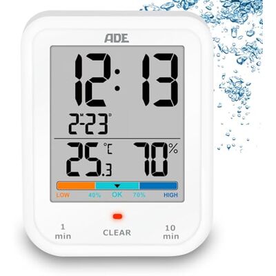 Ade Digitale Bzimmeruhr mit Hygrometer und Thermometer wasserdicht nach IP65 Duschtimer Countdownfunktion großes LCD-Display mit Datumsanzeige weiß Ade Digitale Bzimmeruhr mit Hygrometer und Thermometer wasserdicht nach IP65 Duschtimer Countdownfunktion großes LCD-Display mit Datumsanzeige weiß