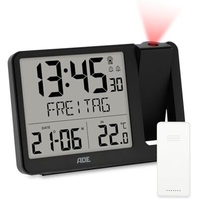 Ade Digitaler Funkwecker mit Projektion und Außensensor Projektionswecker mit 2 Weckzeiten Uhr mit Temperaturanzeige, Datum und Wochentag inkl. Netzkabel schwarz Ade Digitaler Funkwecker mit Projektion und Außensensor Projektionswecker mit 2 Weckzeiten Uhr mit Temperaturanzeige, Datum und Wochentag inkl. Netzkabel schwarz