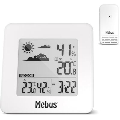 Mebus funkgesteuerte Wetterstation mit Außensensor, Thermometer/Hygrometer (innen/außen), Wohlfühlindikator, Raumklima, Wecker, Weiß, 40913 Mebus funkgesteuerte Wetterstation mit Außensensor, Thermometer/Hygrometer (innen/außen), Wohlfühlindikator, Raumklima, Wecker, Weiß, 40913
