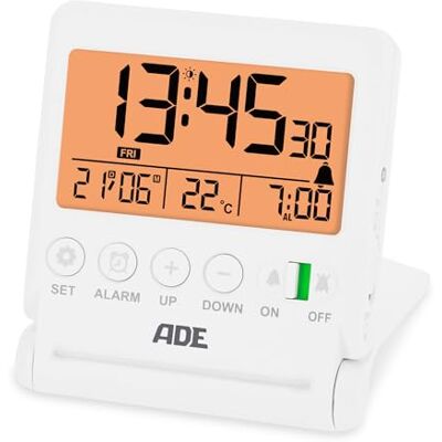 Ade Digitaler Reisewecker Uhr mit Temperaturanzeige Kleiner Wecker mit Licht integrierter Klappspiegel im Deckel einfache Bedienung weiß Ade Digitaler Reisewecker Uhr mit Temperaturanzeige Kleiner Wecker mit Licht integrierter Klappspiegel im Deckel einfache Bedienung weiß
