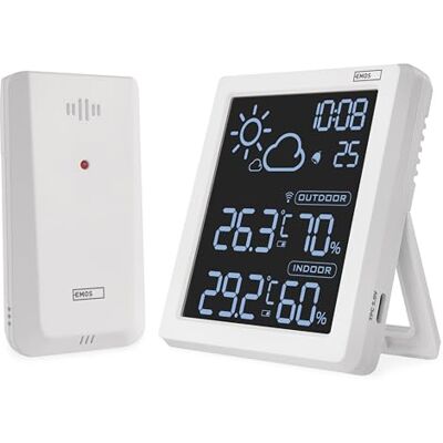Emos Funk Wetterstation mit VA-Display und drahtlosem Außensensor Thermometer, Hygrometer, Wettervorhersage, Uhranzeige, Wecker Comfort View Anzeige 1,5m USB-C Kabel weiß Emos Funk Wetterstation mit VA-Display und drahtlosem Außensensor Thermometer, Hygrometer, Wettervorhersage, Uhranzeige, Wecker Comfort View Anzeige 1,5m USB-C Kabel weiß