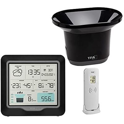 TFA Dostmann RAIN Pro Wetterstation Funk, 35.1160.01, mit Regenmesser und Außensensor, Wettervorhersage, Innen-/ Außentemperatur, Luftfeuchtigkeit, einstellbare Alarmzustände, schwarz TFA Dostmann RAIN Pro Wetterstation Funk, 35.1160.01, mit Regenmesser und Außensensor, Wettervorhersage, Innen-/ Außentemperatur, Luftfeuchtigkeit, einstellbare Alarmzustände, schwarz