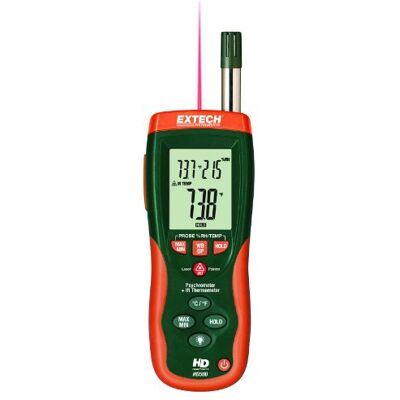 EXTECH HD500 Psychrometer mit Infrarot-Thermometer 30:1 Feuchtigkeit, Typ K, und IR-Thermometer (30:1), Dreifach-hintergrundbel. LCD, Taupunkt, berührungslos EXTECH HD500 Psychrometer mit Infrarot-Thermometer 30:1 Feuchtigkeit, Typ K, und IR-Thermometer (30:1), Dreifach-hintergrundbel. LCD, Taupunkt, berührungslos