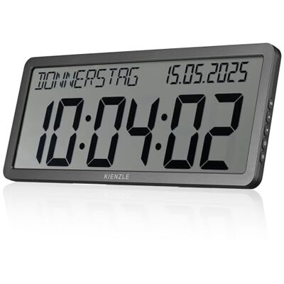 Kienzle Funkwanduhr mit Datum großem LCD Display Anthrazit 36,5 cm DCF Zeitsynchronisation, Zeitzonen Einstellung, LCD 33,9 x 12,4 cm, Standfuß und Aufhängeösen, 4 AA Batterien enthalten Kienzle Funkwanduhr mit Datum großem LCD Display Anthrazit 36,5 cm DCF Zeitsynchronisation, Zeitzonen Einstellung, LCD 33,9 x 12,4 cm, Standfuß und Aufhängeösen, 4 AA Batterien enthalten