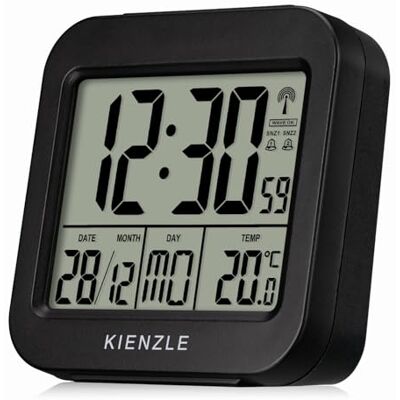 Kienzle Reise Funkwecker mit Innentemperatur und Zwei Weckzeiten DCF Zeitsignal, Datum und Wochentag, Schlummerfunktion, blaue LED Beleuchtung, Zeitzonenanpassung, zwei AAA Batterien Kienzle Reise Funkwecker mit Innentemperatur und Zwei Weckzeiten DCF Zeitsignal, Datum und Wochentag, Schlummerfunktion, blaue LED Beleuchtung, Zeitzonenanpassung, zwei AAA Batterien