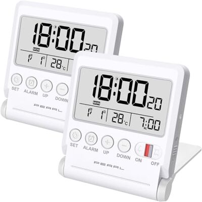 Pearl Digitalwecker: 2er-Set Kompakter Reise-Funkwecker mit Thermometer & Datum, klappbar (Digitaler Reise-Funkwecker, Automatische, Alarm) Pearl Digitalwecker: 2er-Set Kompakter Reise-Funkwecker mit Thermometer & Datum, klappbar (Digitaler Reise-Funkwecker, Automatische, Alarm)