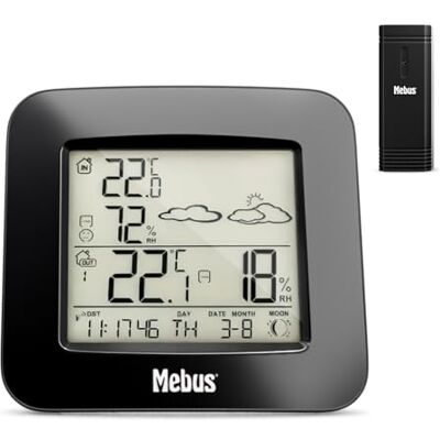 Mebus Funk-Wetterstation mit Außensensor Thermometer Hygrometer Wettervorhersage Mondphasen Wettertrend, Alarm mit Weckwiederholung, Kalender/Material: Kunststoff/Farbe: Schwarz/Modell: 40715 Mebus Funk-Wetterstation mit Außensensor Thermometer Hygrometer Wettervorhersage Mondphasen Wettertrend, Alarm mit Weckwiederholung, Kalender/Material: Kunststoff/Farbe: Schwarz/Modell: 40715