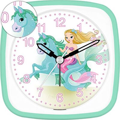 Eurotime Wecker für Mädchen mit Meerjungfrau Pferd, Mint Weiß, Kinderwecker, Kunststoffgehäuse und Kunststoffglas, geräuscharmer Wecker, kein Ticken, mit Licht und Weckwiederholung, 27036-04 Eurotime Wecker für Mädchen mit Meerjungfrau Pferd, Mint Weiß, Kinderwecker, Kunststoffgehäuse und Kunststoffglas, geräuscharmer Wecker, kein Ticken, mit Licht und Weckwiederholung, 27036-04