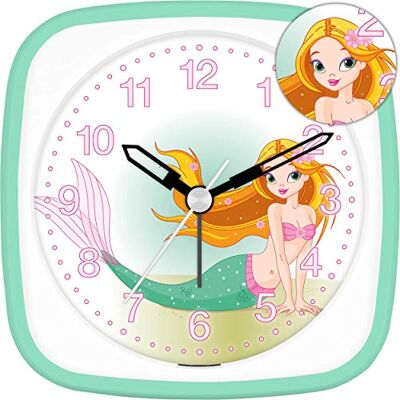 Eurotime Wecker für Mädchen mit Meerjungfrau, Mint Weiß, Kinderwecker, Kunststoffgehäuse und Kunststoffglas, geräuscharmer Wecker, kein Ticken, mit Licht und Weckwiederholung, 27034-04 Eurotime Wecker für Mädchen mit Meerjungfrau, Mint Weiß, Kinderwecker, Kunststoffgehäuse und Kunststoffglas, geräuscharmer Wecker, kein Ticken, mit Licht und Weckwiederholung, 27034-04