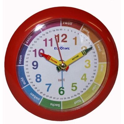 Eurotime 22151-01 Kinderlernquarzwecker mit schleichender Sekunde und Lernzifferblatt, Kunststoffgehäuse in rot und Kunststoffabdeckung, Zeigersatz bunt und Sekunde rot Eurotime 22151-01 Kinderlernquarzwecker mit schleichender Sekunde und Lernzifferblatt, Kunststoffgehäuse in rot und Kunststoffabdeckung, Zeigersatz bunt und Sekunde rot