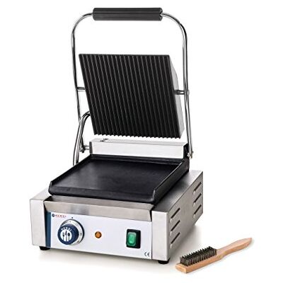 HENDI Kontaktgrill, einzeln, oben gerillt und unten glatt, inkl. Grillreinigungsbürste, Temperatur bis 300°C regelbar, Grillfläche 220x232mm, Elektrogrill, 230V/1800W, 310x375x(H)216mm, Edelstahl HENDI Kontaktgrill, einzeln, oben gerillt und unten glatt, inkl. Grillreinigungsbürste, Temperatur bis 300°C regelbar, Grillfläche 220x232mm, Elektrogrill, 230V/1800W, 310x375x(H)216mm, Edelstahl