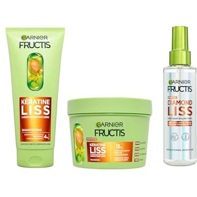Garnier Fructis Keratin Liss Routine 3 Produkte für glattes und glänzendes Shampoo Maske & Spray Diamond Liss, 3 Tage glattes Haar, 100 Stunden Glanz, Thermoschutz 230 °C, Anti-Frisottis Garnier Fructis Keratin Liss Routine 3 Produkte für glattes und glänzendes Shampoo Maske & Spray Diamond Liss, 3 Tage glattes Haar, 100 Stunden Glanz, Thermoschutz 230 °C, Anti-Frisottis