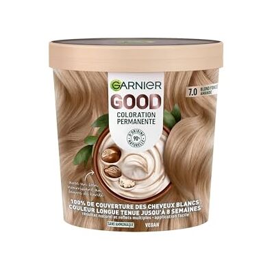Garnier Permanente Haarfarbe – ohne Ammoniak – 90% Inhaltsstoffe aus natürlichen Ursprungs und vegane Formel – Sheabutter – 100% Abdeckung für weißes Haar – Dunkelblond Mandel (7,0) – Good Garnier Permanente Haarfarbe – ohne Ammoniak – 90% Inhaltsstoffe aus natürlichen Ursprungs und vegane Formel – Sheabutter – 100% Abdeckung für weißes Haar – Dunkelblond Mandel (7,0) – Good