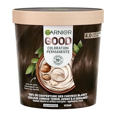 Garnier Permanente Haarfarbe – ohne Ammoniak – 90% natürliche Inhaltsstoffe – Sheabutter – 100% Abdeckung für weißes Haar – GOOD Kastanienbraun Kakao 4.0 Garnier Permanente Haarfarbe – ohne Ammoniak – 90% natürliche Inhaltsstoffe – Sheabutter – 100% Abdeckung für weißes Haar – GOOD Kastanienbraun Kakao 4.0