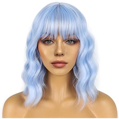 LANCAINI Kurze Bob-Perücken mit Pony für Frauen, lockige, gewellte Perücke, schulterlang, Bob, synthetische Cosplay-Perücke für Mädchen, bunte Kostüm-Perücken (Hellblau) LANCAINI Kurze Bob-Perücken mit Pony für Frauen, lockige, gewellte Perücke, schulterlang, Bob, synthetische Cosplay-Perücke für Mädchen, bunte Kostüm-Perücken (Hellblau)