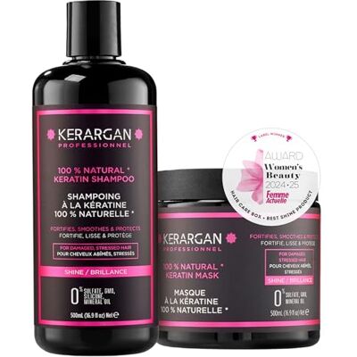 KERARGAN Duo Ultra Reparatur Shampoo & Maske mit Keratin für strapazierte und gestresste Haare Nährt, Glättet & Schützt Ohne Sulfate, GVO, Silikone 2x500 ml KERARGAN Duo Ultra Reparatur Shampoo & Maske mit Keratin für strapazierte und gestresste Haare Nährt, Glättet & Schützt Ohne Sulfate, GVO, Silikone 2x500 ml