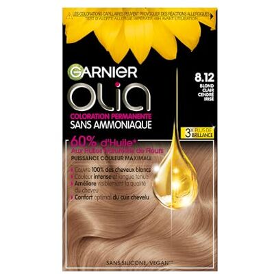 Garnier Olia Permanente Haarfarbe, ohne Ammoniak, 60% natürliche Blütenöle, bewahrt die Haarqualität, weiches und glänzendes Haar, schillerndes Aschblond (8,12), 120 g Garnier Olia Permanente Haarfarbe, ohne Ammoniak, 60% natürliche Blütenöle, bewahrt die Haarqualität, weiches und glänzendes Haar, schillerndes Aschblond (8,12), 120 g