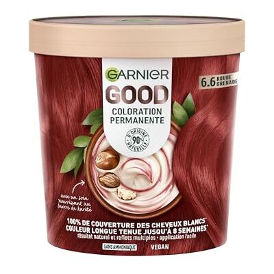 Garnier Permanente Haarfarbe – ohne Ammoniak – 90% Inhaltsstoffe aus natürlichen Ursprungs und veganer Formel – Sheabutter – 100% Abdeckung für weißes Haar – Granatapfelrot (6,6) – Good Garnier Permanente Haarfarbe – ohne Ammoniak – 90% Inhaltsstoffe aus natürlichen Ursprungs und veganer Formel – Sheabutter – 100% Abdeckung für weißes Haar – Granatapfelrot (6,6) – Good