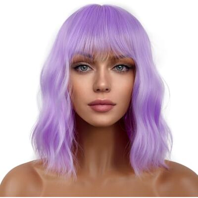 LANCAINI Kurze Bob-Perücken mit Pony für Frauen, lockige, gewellte Perücke, schulterlang, Bob, synthetische Cosplay-Perücke für Mädchen, bunte Kostüm-Perücken (lila) LANCAINI Kurze Bob-Perücken mit Pony für Frauen, lockige, gewellte Perücke, schulterlang, Bob, synthetische Cosplay-Perücke für Mädchen, bunte Kostüm-Perücken (lila)