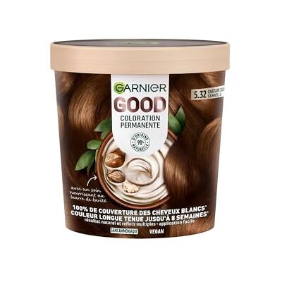 Garnier Permanente Haarfarbe – ohne Ammoniak – 90% natürliche Inhaltsstoffe und vegane Formel – Sheabutter – 100% weiße Haarabdeckung – Goldbraun Zimt (5,32) – Good Garnier Permanente Haarfarbe – ohne Ammoniak – 90% natürliche Inhaltsstoffe und vegane Formel – Sheabutter – 100% weiße Haarabdeckung – Goldbraun Zimt (5,32) – Good