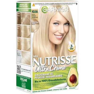 Garnier Nutrisse Pflegende Intensivtönung mit nährenden Fruchtölen, Coloration mit 8 Wochen Halt, Farbsensation Haarfarbe, 10.1A Extra Kühles Blond Garnier Nutrisse Pflegende Intensivtönung mit nährenden Fruchtölen, Coloration mit 8 Wochen Halt, Farbsensation Haarfarbe, 10.1A Extra Kühles Blond