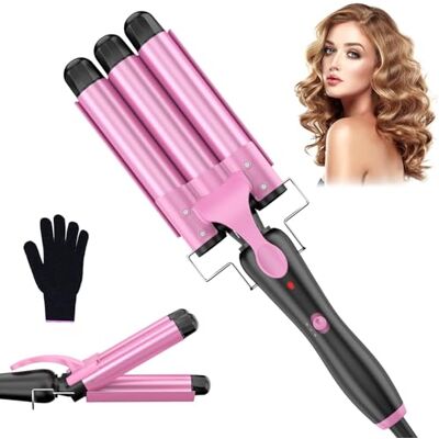 YICAIZI Welleneisen für Haare 3 Fässer Beach Waves, 25mm Kleine Locken Keramik Lockeneisen-Temperatureinstellung Schnelle Erwärmung mit Handschuh, Rosa YICAIZI Welleneisen für Haare 3 Fässer Beach Waves, 25mm Kleine Locken Keramik Lockeneisen-Temperatureinstellung Schnelle Erwärmung mit Handschuh, Rosa
