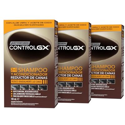 Just for men Control GX Champú Y Acondicionador para Canas Hombre, Reduce Las Canas Gradualmente en Cada Lavado, Para Todos Los Tonos, 118ml (3 Pack) Just for men Control GX Champú Y Acondicionador para Canas Hombre, Reduce Las Canas Gradualmente en Cada Lavado, Para Todos Los Tonos, 118ml (3 Pack)