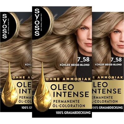 Syoss Oleo Intense Öl-Coloration 7-58 Kühles Beige-Blond (3x130 ml), dauerhafte Haarfarbe mit pflegendem Öl schützt vor Haarschäden, für 100% Grauabdeckung, Coloration ohne Ammoniak Syoss Oleo Intense Öl-Coloration 7-58 Kühles Beige-Blond (3x130 ml), dauerhafte Haarfarbe mit pflegendem Öl schützt vor Haarschäden, für 100% Grauabdeckung, Coloration ohne Ammoniak