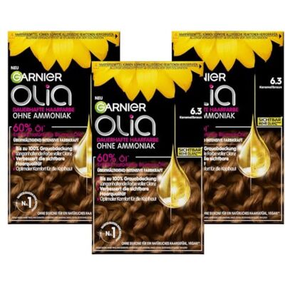 Garnier Olia Dauerhafte Haarfarbe 6.3 Karamellbraun, ohne Ammoniak, permanente Coloration, bis zu 100% Grauabdeckung, langanhaltende Farbe bis zu 8 Wochen, intensiver Glanz, 3 x 1Stk. Garnier Olia Dauerhafte Haarfarbe 6.3 Karamellbraun, ohne Ammoniak, permanente Coloration, bis zu 100% Grauabdeckung, langanhaltende Farbe bis zu 8 Wochen, intensiver Glanz, 3 x 1Stk.