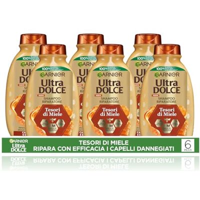 Garnier Ultra Süße Schätze von Honig, Multipack Reparatur-Shampoo, 94% natürlicher Ursprung, für beschädigtes Haar, ohne Silikon, 6 x 300 ml Garnier Ultra Süße Schätze von Honig, Multipack Reparatur-Shampoo, 94% natürlicher Ursprung, für beschädigtes Haar, ohne Silikon, 6 x 300 ml