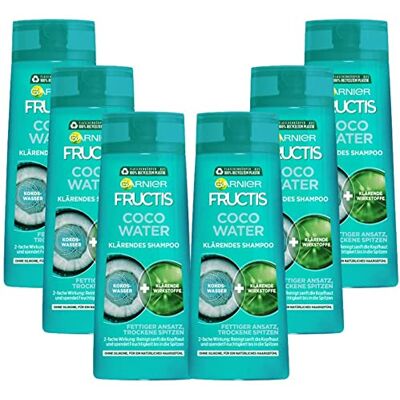 Garnier Klärendes Shampoo gegen einen fettigen Haaransatz und trockene Spitzen, Mit Kokoswasser für kraftvolles Haar, Fructis Coco Water, 6 x 250 ml Garnier Klärendes Shampoo gegen einen fettigen Haaransatz und trockene Spitzen, Mit Kokoswasser für kraftvolles Haar, Fructis Coco Water, 6 x 250 ml